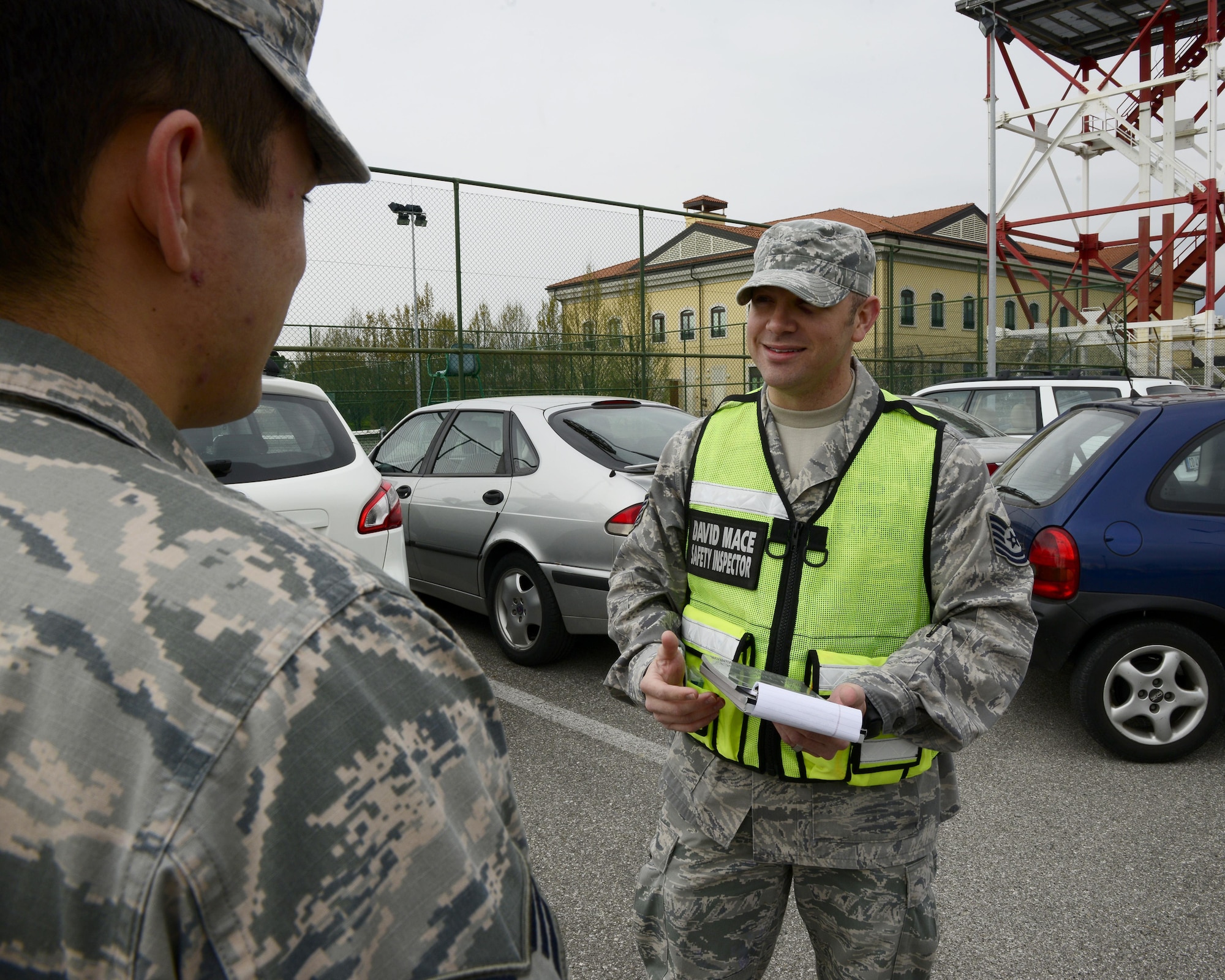 Tech. Sgt. David Mace, 31st Fighter Wing Safety Office NCO in-charge of occupational safety, interviews an Airman after a vehicle collision, March 30, 2016. The Safety office is made up of four sections: weapons, flight, occupational and aerospace physiology safety. (U.S. Air Force photo by Senior Airman Krystal Ardrey/Released)