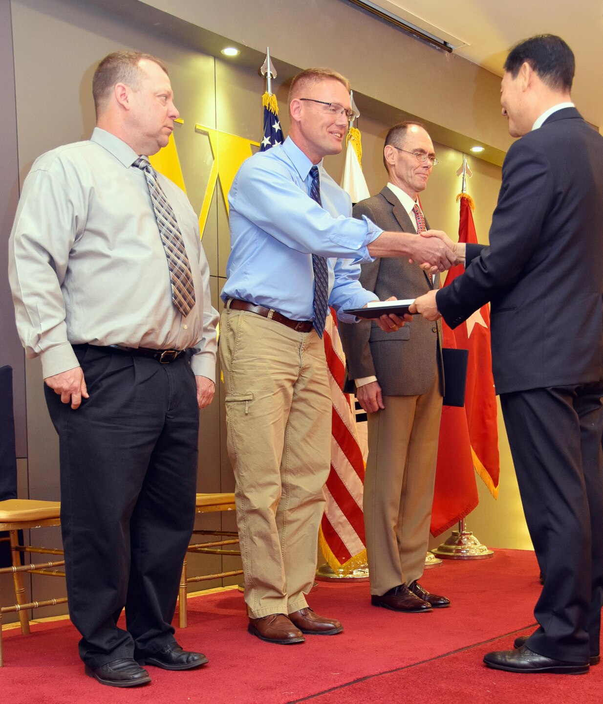 Col. Philip A. Keller, Col. Michael D. Nyenhuis and Lt. Col. Mitchell A. DeMarais were honored at a hosted dinner on Friday, April 22, 2016, which was presided over by Maj. Gen. James T. Walton, director of USFK Transformation and Restationing. 