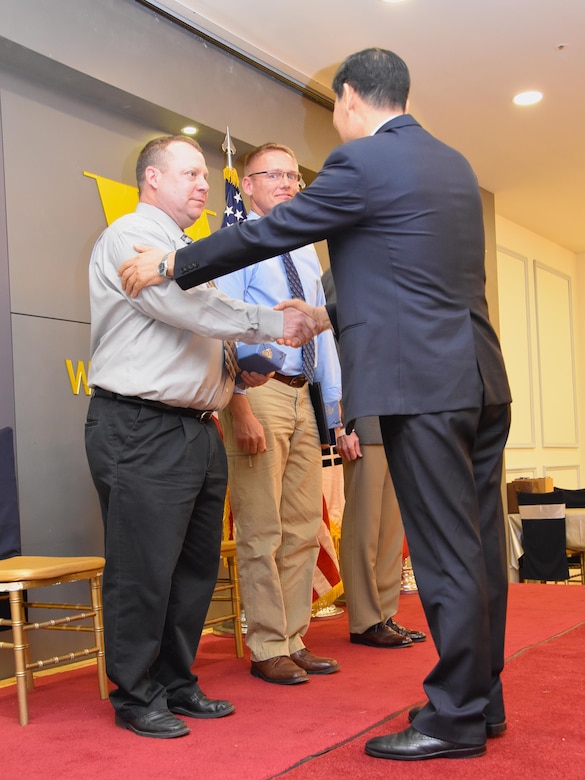 Col. Philip A. Keller, Col. Michael D. Nyenhuis and Lt. Col. Mitchell A. DeMarais were honored at a hosted dinner on Friday, April 22, 2016, which was presided over by Maj. Gen. James T. Walton, director of USFK Transformation and Restationing. 