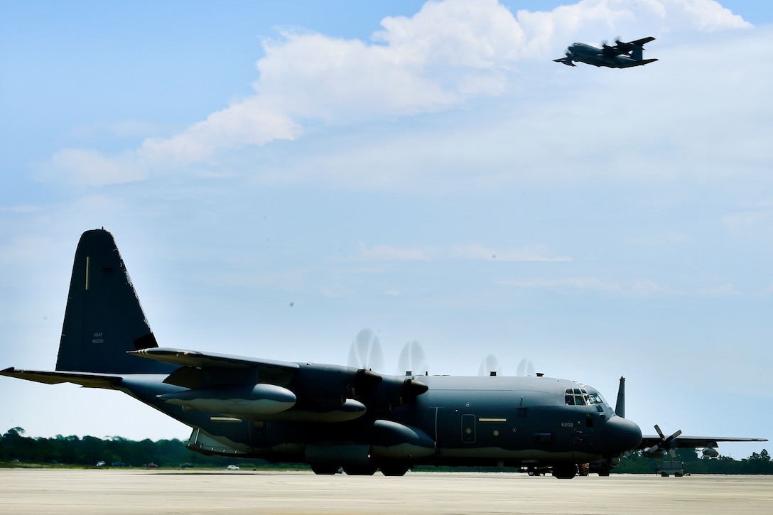 An Air Force MC-130J Commando II aircraft taxis on the flight line during Emerald Warrior 16 at Hurlburt Field, Fla., May 3, 2016. U.S. Special Operations Command sponsors the exercise, in which joint special operations forces train to respond to real and emerging worldwide threats. Air Force photo by Staff Sgt. Paul Labbe