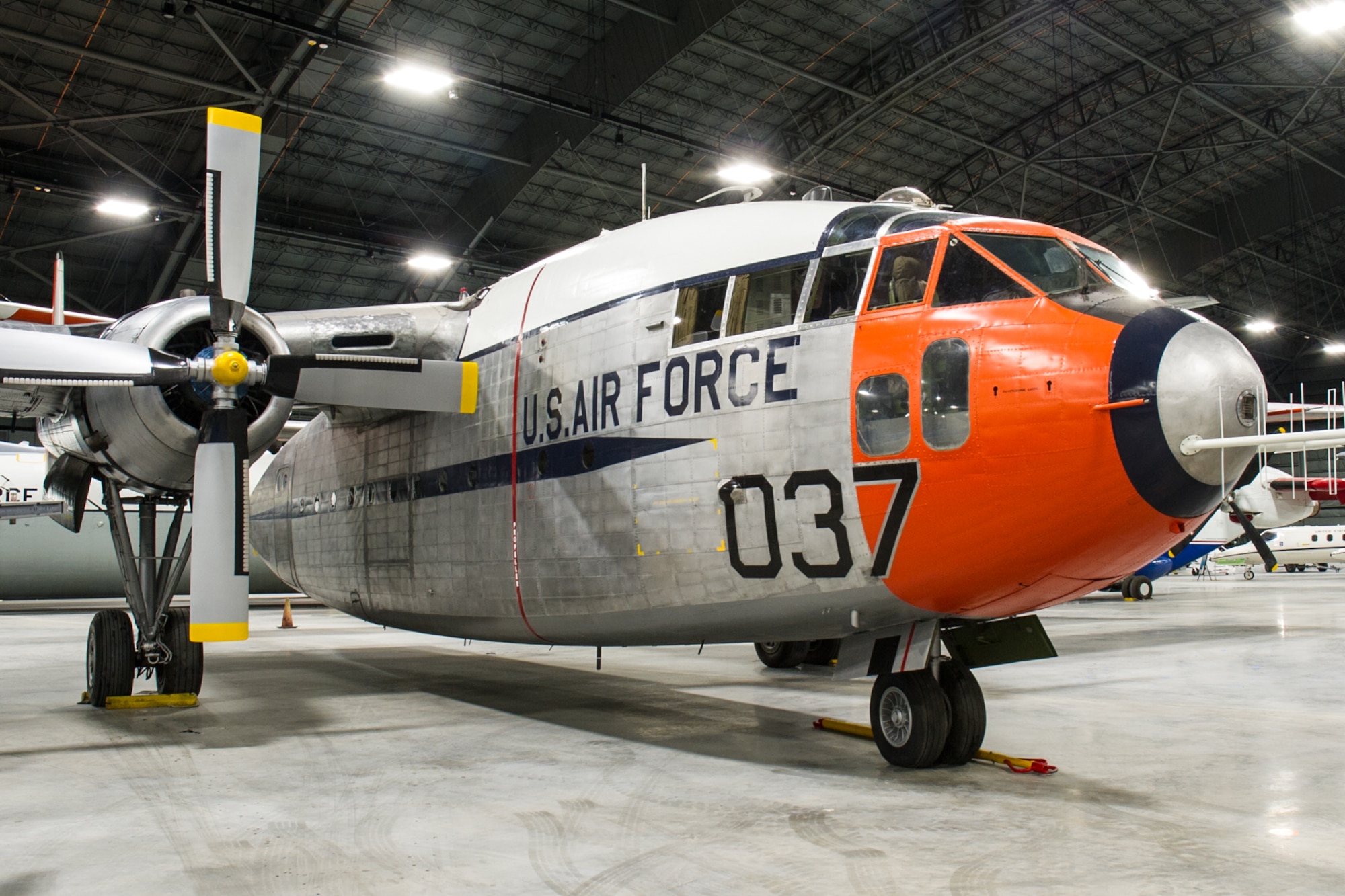 DAYTON, Ohio -- Fairchild C-119J Flying Boxcar on display in the Space Gallery at the National Museum of the United States Air Force. (U.S. Air Force photo by Ken LaRock)
