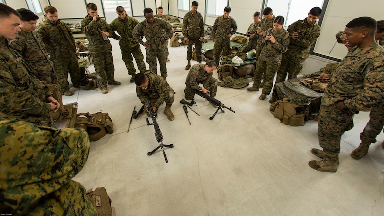 Marines with Marine Wing Support Squadron 171 assemble and disassemble M240 Bravo Light-Machine Guns during exercise Thunder Horse 16.2 at the Japan Ground Self-Defense Force’s Haramura Maneuver Area in Hiroshima, Japan, May 9, 2016. The squadron plans to conduct various drills pertaining to aviation ground support forces, aircraft salvage and recovery, convoys, direct refueling, recovery and general engineering operations, establishing a tactical motor pool, providing air operations and planning expeditionary fire rescue services. 