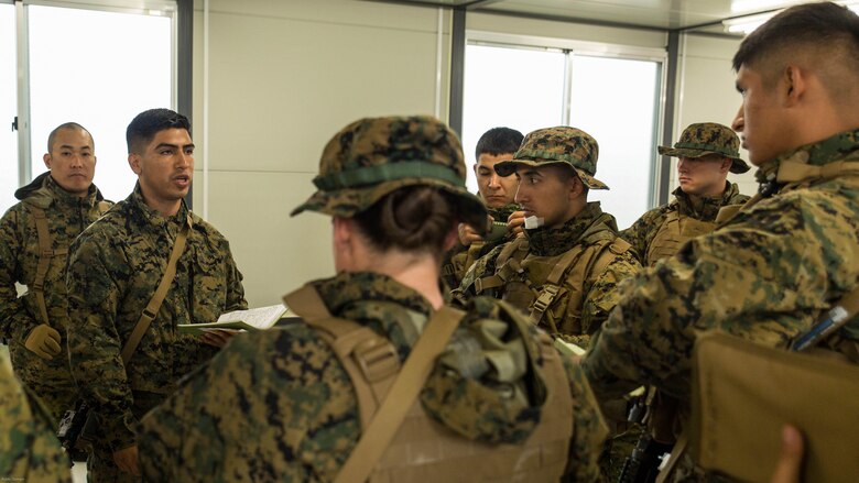 Sgt. Jesus Alvarado with Marine Wing Support Squadron 171 briefs his Marines in preparation for exercise Thunder Horse 16.2 at the Japan Ground Self-Defense Force’s Haramura Maneuver Area in Hiroshima, Japan, May 9, 2016. The squadron plans to conduct various drills pertaining to aviation ground support forces, aircraft salvage and recovery, convoys, direct refueling, recovery and general engineering operations, establishing a tactical motor pool, providing air operations and planning expeditionary fire rescue services. MWSS-171 conducts exercises such as this several times a year in order to train all the Marines within the squadron, enhance their technical skills, field experience and military occupational specialty capability.