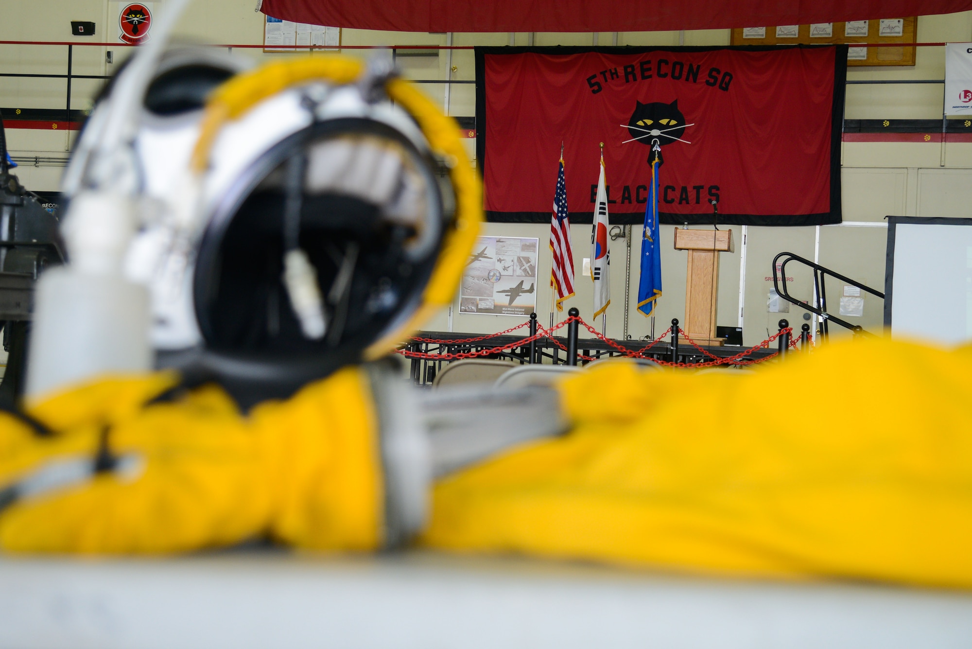 A U-2 Dragon Lady flight suit is on display before the 40th Anniversary U-2 Ceremony May 6, 2016, at Osan Air Base, Republic of Korea. Members from the 5th Reconnaissance Squadron organized the ceremony to honor their unit heritage as well as give thanks to Team Osan for their support. (U.S. Air Force photo by Senior Airman Dillian Bamman/Released)