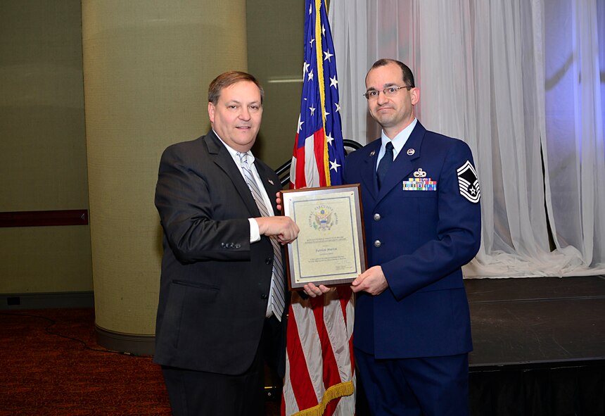 Senior Master Sgt. Patrick Martin, 914 Maintenance Group, receives the Innovation Award during this year’s Excellence in Government Awards luncheon, hosted at the Buffalo Niagara Convention Center, Buffalo, N.Y., May 3, 2016. This awards ceremony, held by the Federal Executive Board, recognizes Government employees who demonstrate exceptional public service throughout the year. (U.S. Air Force photo by Tech. Sgt. Stephanie Sawyer)