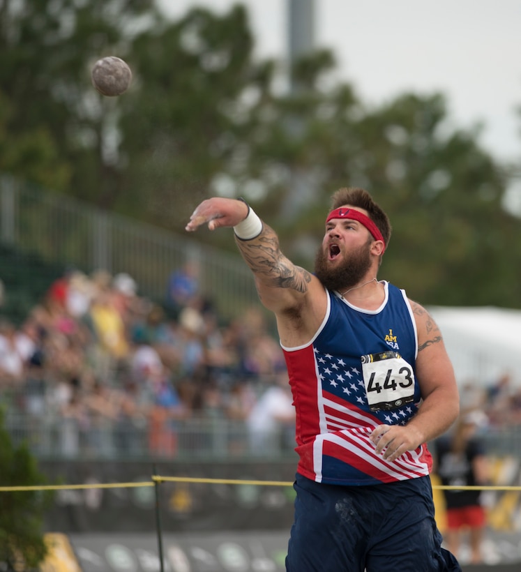 Marine Corps veteran Joshua Jablon competes in the shot put event during the 2016 Invictus Games in Orlando, Fla., May 10, 2016. DoD photo by Roger Wollenberg