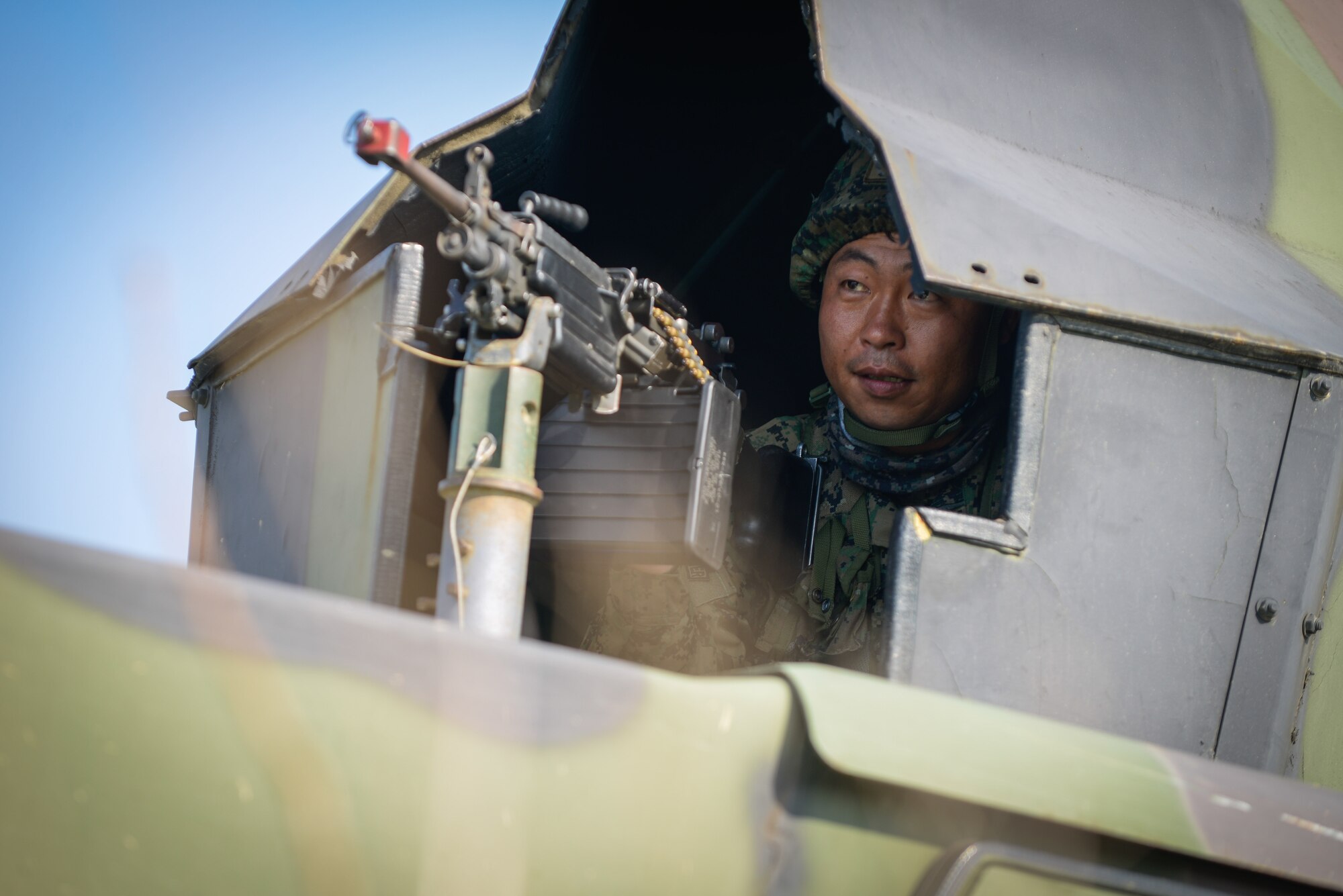 A special operations forces member from the Republic of Korea army scouts the area for simulated opposing forces during a training scenario for Exercise Beverly Herd 16-01 May 11, 2016, at Osan Air Base, Republic of Korea. BH 16-01 is a week-long readiness exercise for the 51st Fighter Wing that includes a plethora of scenarios like chemical, biological, radioactive, and nuclear response, active shooter and opposing forces. (U.S. Air Force photo by Senior Airman Dillian Bamman/Released)