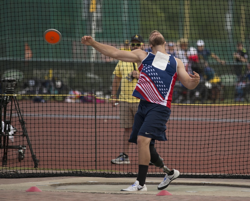Navy veteran Max Rohn competes in the discus event during the 2016 Invictus Games in Orlando, Fla., May 10, 2016. DoD photo by Roger Wollenberg
