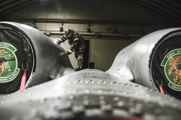 Staff Sgt. Joshua Anderson, 51st Aircraft Maintenance Squadron maintainer, inspects an A-10 Thunderbolt II after a training mission during Exercise Beverly Herd 16-01 at Osan Air Base, Republic of Korea, May 10, 2016. Post-flight inspections are necessary after every flight to ensure the aircraft is properly maintained for future flights. BH 16-01 is a week-long readiness exercise for the 51st Fighter Wing that includes a plethora of scenarios (U.S. Air Force photo by Tech. Sgt. Travis Edwards/Released)