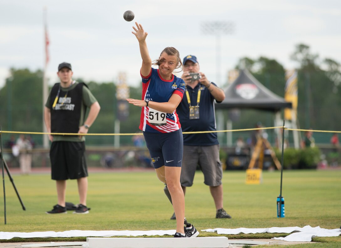 Air Force Capt. Christy Wise competes in the shot put event during the 2016 Invictus Games in Orlando, Fla., May 10, 2016. DoD photo by Roger Wollenberg