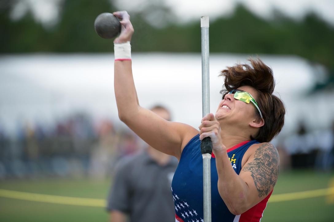 Sebastiana Lopez Arellano, a member of the U.S. team, competes in the shot put event during the 2016 Invictus Games in Orlando, Fla., May 10, 2016. DoD photo by EJ Hersom