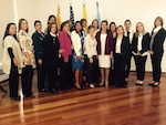 Barbara Livingston, wife of U.S. Army Maj. Gen. Robert E. Livingston, Jr.,  the adjutant general for South Carolina, stands with spouses of Colombian military leaders following a family programs presentation during a state partnership program engagement in Bogota, Colombia, April 15, 2016.  