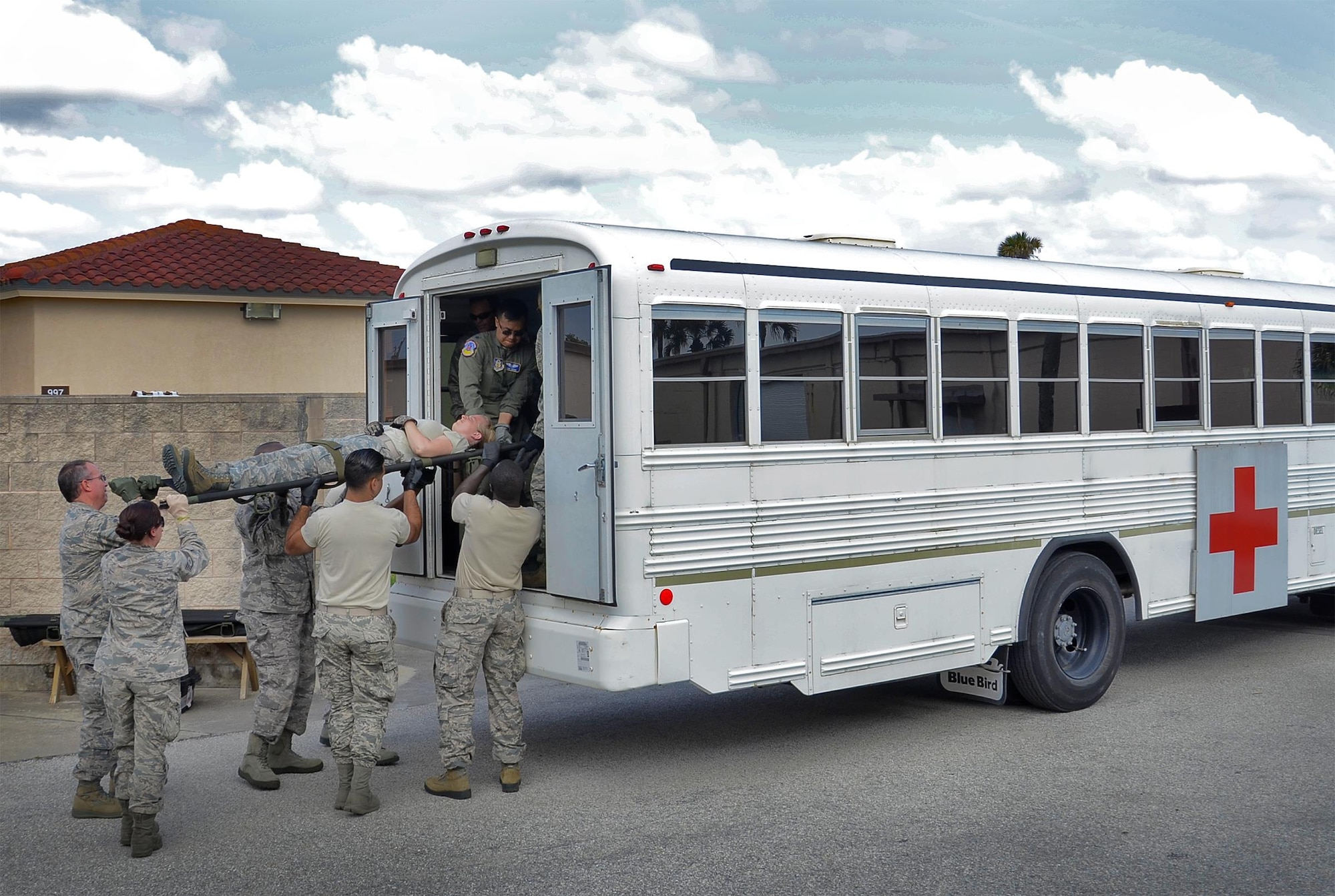 Members of the 920th Aeromedical Staging Squadron train May 11 with counterparts from the 932nd Airlift Wing out of Scott AFB, Ill., in preparation for a joint medical exercise scheduled to take place here at Patrick AFB May 14-15. (U.S. Air Force photo/Master Sgt. Paul Flipse)
