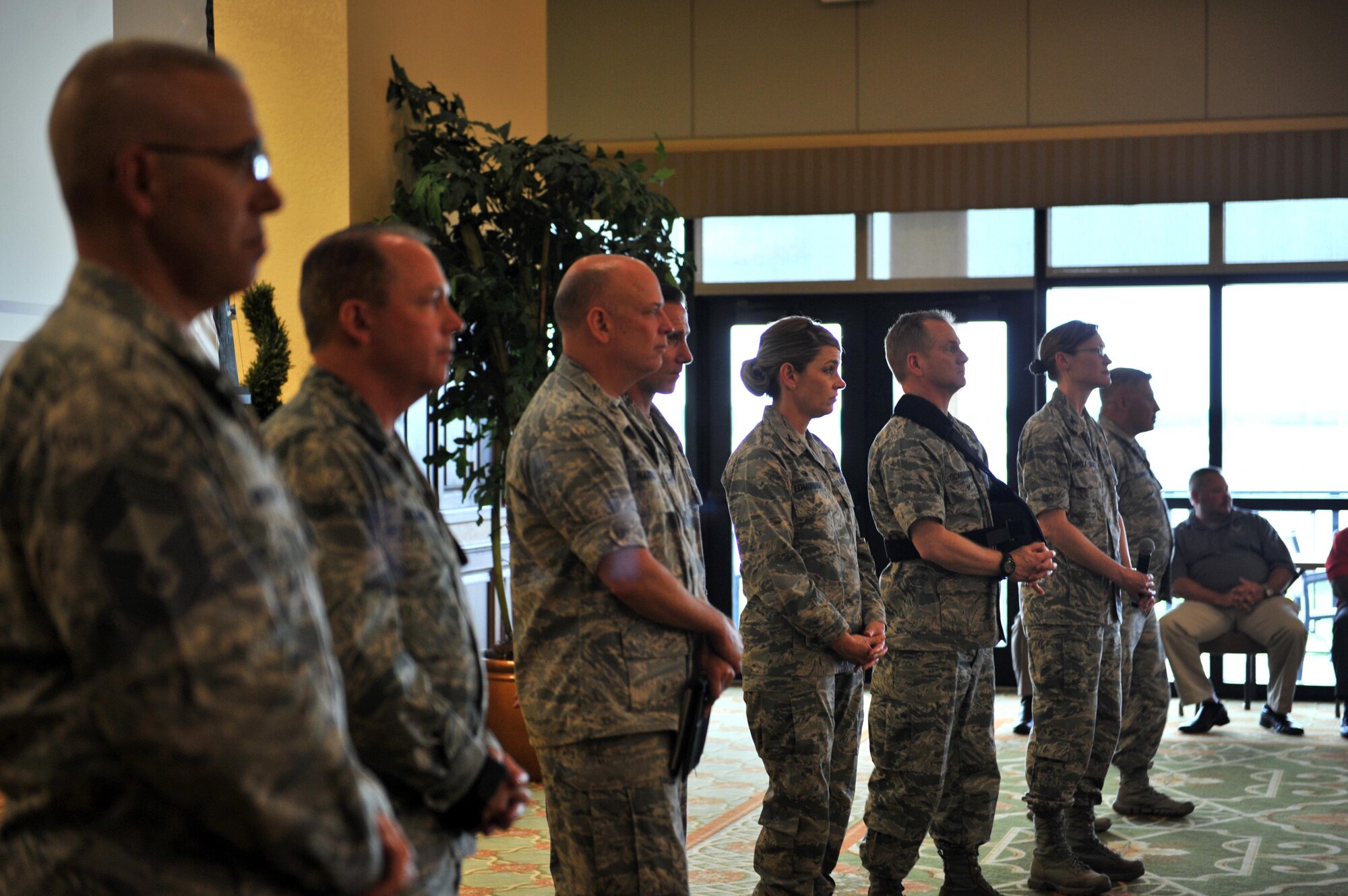 Keesler leadership listen to questions during a Q-and-A session of a town hall forum in the Bay Breeze Event Center ballroom, May 3, 2016, Keesler Air Force Base, Miss. Hosted by Col. Michele Edmondson, 81st Training Wing commander, the forum was used to discuss current base events, Keesler’s dozens of recent command-level awards, emergency management, hospital and housing issues and the upcoming hurricane season. (U.S. Air Force photo by Senior Airman Duncan McElroy)