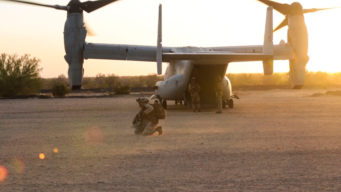 Marines from 1st Marine Division conduct a Tactical Recovery of Aircraft and Personnel mission with Marine Medium Tiltrotor Squadron (VMM) 364 during a Marine Air-Ground Task Force Integration Exercise in El Centro, Calif., April 28.  As part of Marine Aircraft Group 39’s new integration effort, they conduct integration exercises quarterly that closely integrate ground and air assets allowing for a greater degree of symbiotic training. (U.S. Marine Corps photo by Sgt. Michael Thorn/Released)