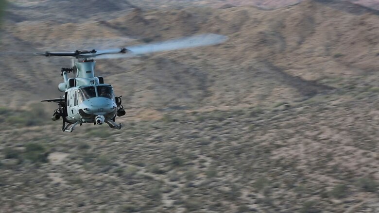 A UH-1Y Huey with Marine Aircraft Group (MAG) 39 conducts close-air support during a MAGTF Integration Exercise in El Centro, Calif., April 28. As part of Marine Aircraft Group 39’s new integration effort, they conduct integration exercises quarterly that closely integrate ground and air assets allowing for a greater degree of symbiotic training. (U.S. Marine Corps photo by Cpl. Alissa P. Schuning/Released)