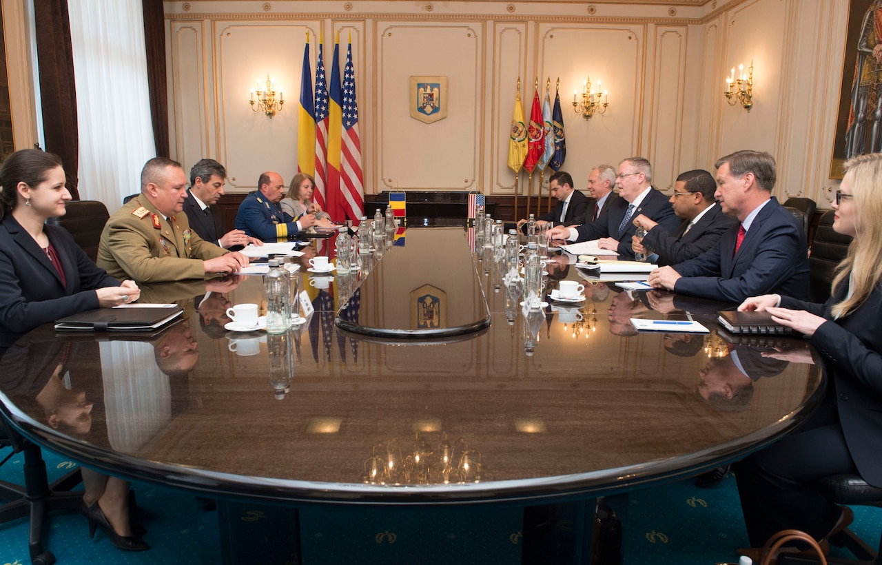 Deputy Defense Secretary Bob Work attends a  meeting with Romanian Defense Minister Mihnea Motoc in Bucharest, Romania, May 11, 2016. DoD photo by U.S, Navy Petty Officer 1st Class Tim D. Godbee