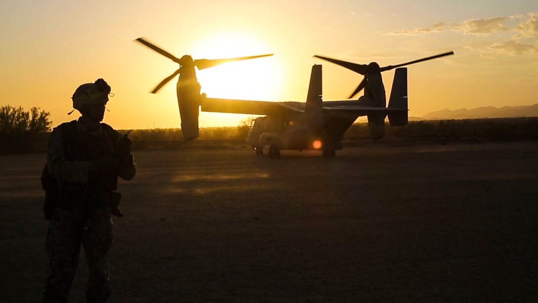 A Marine from 1st Marine Division participates in a Tactical Recovery of Aircraft and Personnel mission with Marine Medium Tiltrotor Squadron (VMM) 364 during a Marine Air-Ground Task Force Integration Exercise in El Centro, Calif., April 28. As part of Marine Aircraft Group 39’s new integration effort, they conduct integration exercises quarterly that closely integrate ground and air assets allowing for a greater degree of symbiotic training. (U.S. Marine Corps photo by Sgt. Brian Marion/Released)