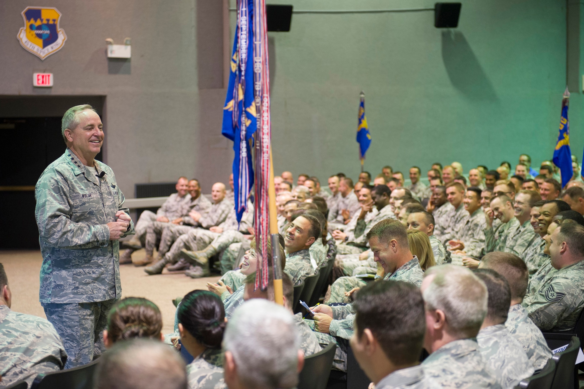 Air Force Chief of Staff Gen. Mark A. Welsh III speaks during an all call at the base theater on Patrick Air Force Base, Fla., May 9, 2016. Following the all call, the general and his wife, Betty, spent the day meeting with 45th Space Wing personnel, mission partners and their families, addressed their concerns and provided them with an Air Force-level perspective. (U.S. Air Force photo/Matthew Jurgens)