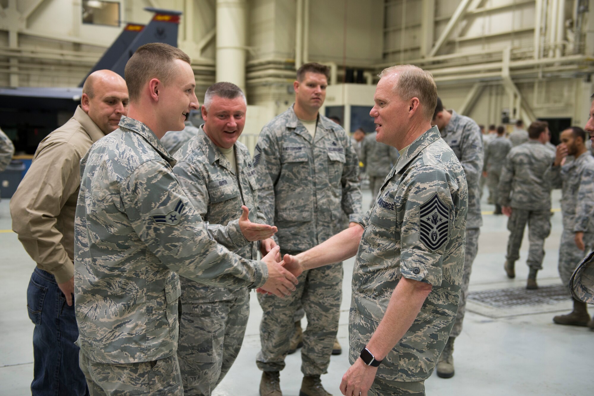 Chief Master Sgt. of the Air Force James Cody meets with airmen during a Q&A with the 366th Maintenance Squadron during a night shift May 4, 2016, at Mountain Home Air Force Base, Idaho. The Q&A gave maintainers on night shift, who would not be able to attend the following day’s all-call, the chance to interact with Cody. (U.S. Air Force photo by Airman 1st Class Chester Mientkiewicz/Released)