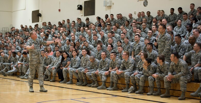 Chief Master Sergeant of the Air Force James Cody talks to the 366th Fighter Wing during an all call May 5, 2016, at Mountain Home Air Force Base, Idaho. Cody responded to various questions presented to him by airmen. (U.S. Air Force photo by Airman Alaysia Berry/Released)