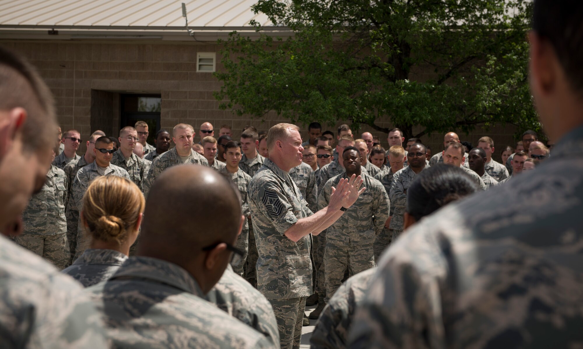 Chief Master Sgt. of the Air Force James Cody speaks with members of the 726th Air Control Squadron, May 5, 2016, at Mountain Home Air Force Base, Idaho. Cody discussed the operations tempo and ways to advance in rank during visits to various squadrons around the base. (U.S. Air Force photo by Airman 1st Class Chester Mientkiewicz/Released)