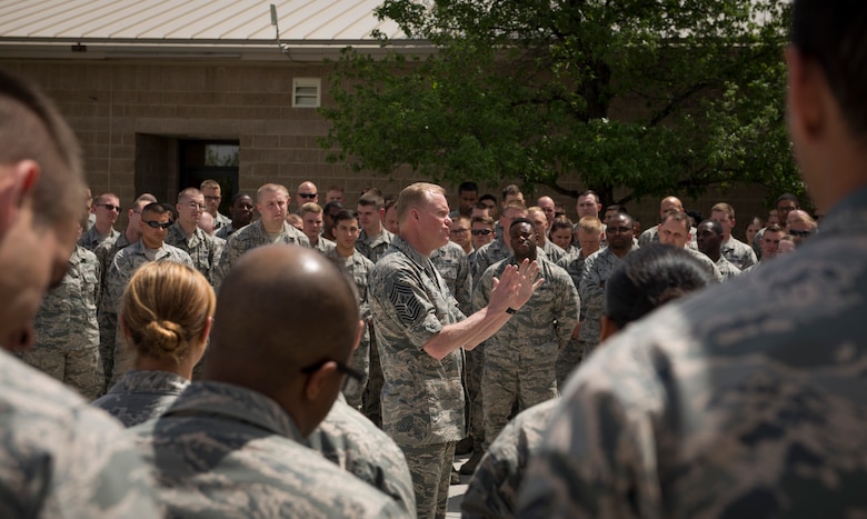 Chief Master Sgt. of the Air Force James Cody speaks with members of the 726th Air Control Squadron, May 5, 2016, at Mountain Home Air Force Base, Idaho. Cody discussed the operations tempo and ways to advance in rank during visits to various squadrons around the base. (U.S. Air Force photo by Airman 1st Class Chester Mientkiewicz/Released)