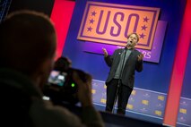 Comedian, actor, writer and director Mike Birbiglia gives a comedic performance to a group of service members during a USO celebration of its 75th birthday, Military Appreciation Month and the 5th Anniversary of Joining Forces in a hangar on Joint Base Andrews May 5. The special event, called a “Celebration of Service,” featured special guest speakers President and First Lady Obama, Vice President and Second Lady Biden and comedic performances by Jon Steward, David Letterman, Judd Apatow, Mike Birbiglia, Kristen Schaal, Hasan Minhaj, John Mulaney and Jeff Ross. (U.S. Air Force photo/Staff Sgt. Kat Justen)