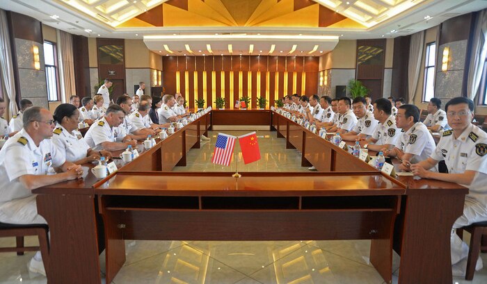 SHANGHAI (May 7, 2016) - Vice Adm. Joseph Aucoin, commander of U.S. 7th Fleet, his staff take part in a roundtable discussion with Rear Adm. Wang Hai, deputy commander of the People's Liberation Army (Navy) and his staff at Shanghai Naval Garrison Headquarters. The U.S. 7th Fleet flagship USS Blue Ridge is currently on patrol in the Indo-Asia Pacific to build partnerships for the security and stability of the region. 