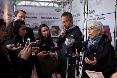 Defense Advanced Research Projects Agency Director Dr. Arati Prabhakar speaks with reporters during DARPA Demo Day 2016 at the Pentagon, May 11, 2016, to give the Defense Department community an up-close look at the agency's portfolio of innovative technologies and military systems, May 11, 2016. DoD photo by Marine Corps Sgt. Drew Tech