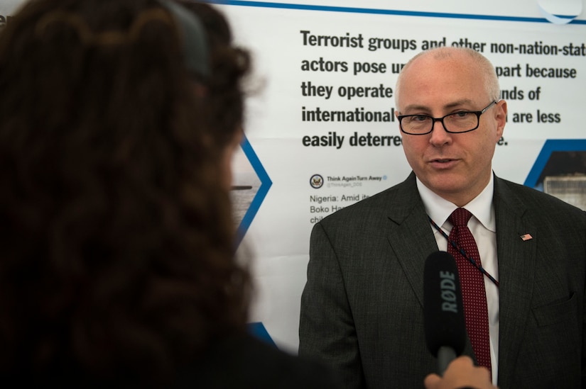 Stephen P. Welby, assistant secretary for defense for research and engineering, speaks with reporters during DARPA Demo Day 2016 at the Pentagon, to give the Defense Department community an up-close look at the agency's portfolio of innovative technologies and military systems, May 11, 2016. DoD photo by Marine Corps Sgt. Drew Tech