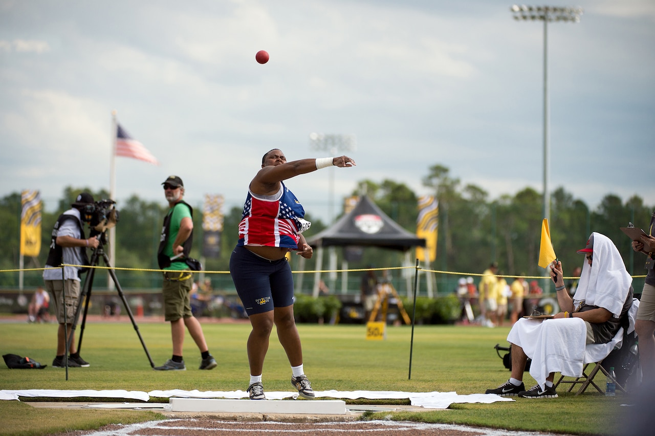 Medically retired Army Sgt. Monica Southall throws the shot put in the IF4 disability classification match during the Invictus Games at the ESPN Wide World of Sports Complex at Walt Disney World in Orlando, Fla., May 10, 2016. DoD photo by EJ Hersom