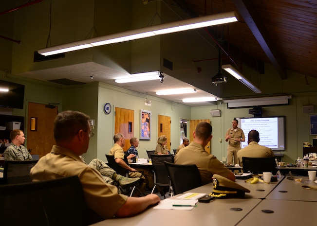 Commander, Navy Installations Command (CNIC) Vice Adm. Dixon Smith visits Joint Base Charleston - Naval Weapons Station, May 10, 2016.  Dixon spoke with JB Charleston leadership about his guiding principles. (U.S. Navy Photo by Mass Communication Specialist 1st Class Sean M. Stafford/Released)