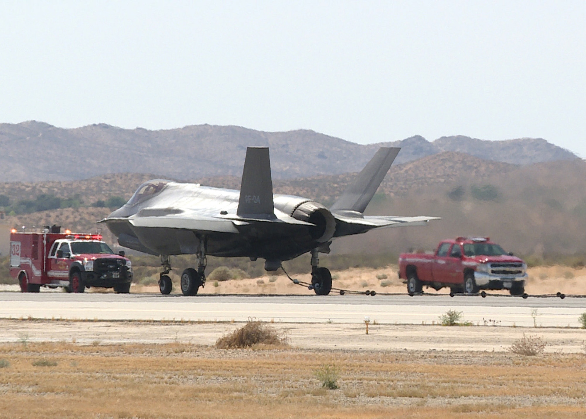 A video frame grab shows an F-35A from the 461st Flight Test Squadron come to a stop after catching an arresting cable with its emergency tailhook April 20. Tailhooks on U.S. Air Force planes are mainly used in emergency situations when landing. (U.S. Air Force image)