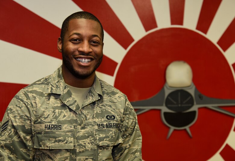 U.S. Air Force Senior Airman Donald Harris, a squadron aviation resource manager with the 14th Fighter Squadron, poses for a portrait at Misawa Air Base, Japan, May 10, 2016. Harris was recognized as the Wild Weasel of the Week by the 14th FS for his superior performance, outstanding work ethic and overall good conduct and discipline. Harris is from Moreno Valley, California. (U.S. Air Force photo by Airman 1st Class Jordyn Fetter)
