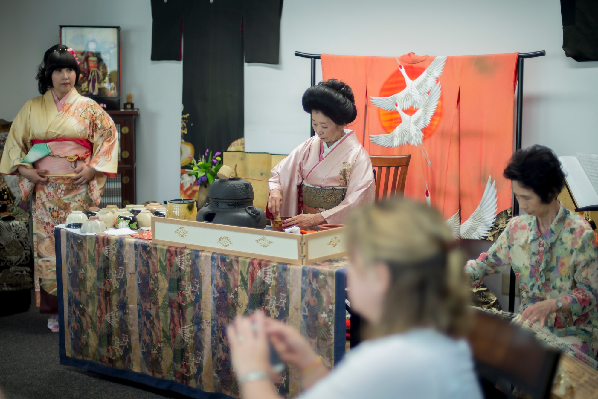 Yasuko Birkhead, 374th Force Support Squadron cultural adaptation instructor, prepares tea during the Military Spouse Appreciation Day event at Yokota Air Base, Japan, May 6, 2016.The Japanese tea ceremony, also called the ‘Way of Tea’ is a cultural activity involving the preparation and presentation of matcha or powdered green tea. (U.S. Air Force photo by Senior Airman David C. Danford/Released)