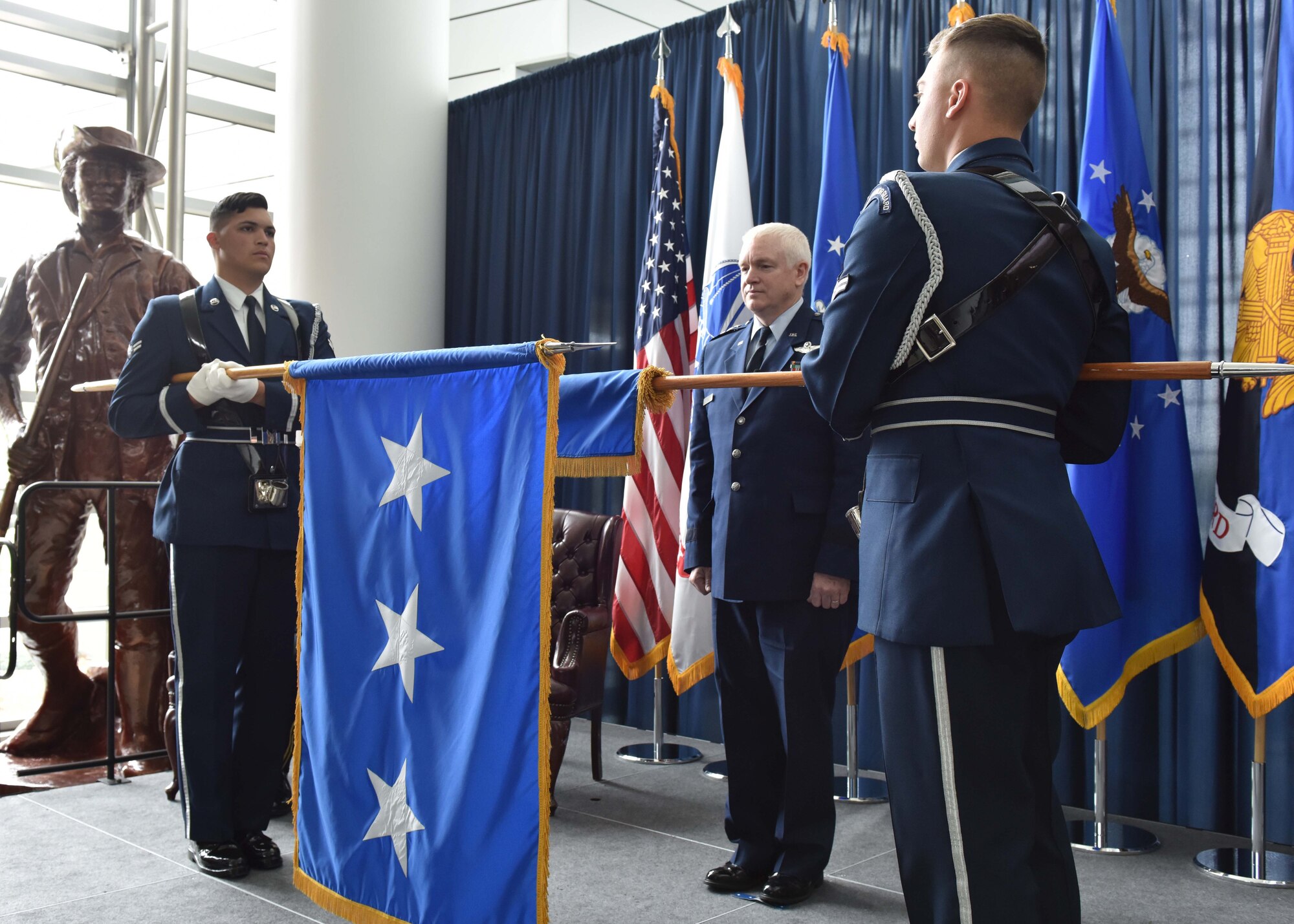Air Force Lt. Gen. L. Scott Rice is presented with his personal colors during a promotion and assumption of responsibility ceremony hosted by Army Gen. Frank J. Grass, chief of the National Guard Bureau, at the Air National Guard Readiness Center on Joint Base Andrews May 10, 2016. Rice, who previously served as the adjutant general of the Massachusetts National Guard, became the 14th director of the ANG. (U.S. Army National Guard photo by Staff Sgt. Michelle Gonzalez/Released)