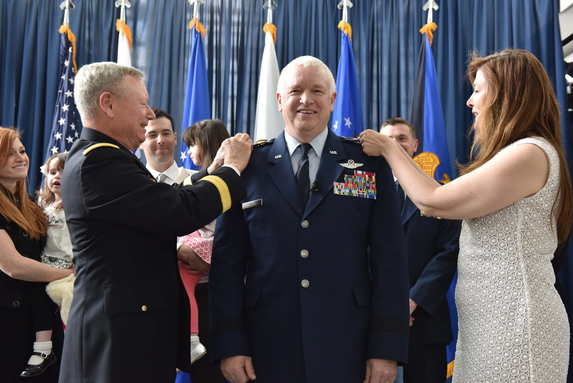 Air Force Lt. Gen. L. Scott Rice is pinned with his third star by his wife, and Chief of the National Guard Bureau Gen. Frank J. Grass during a promotion and assumption of responsibility ceremony at the Air National Guard Readiness Center on Joint Base Andrews May 10, 2016. Rice, who previously served as the adjutant general of the Massachusetts National Guard, became the 14th director of the ANG. (U.S. Army National Guard photo by Staff Sgt. Michelle Gonzalez/Released)