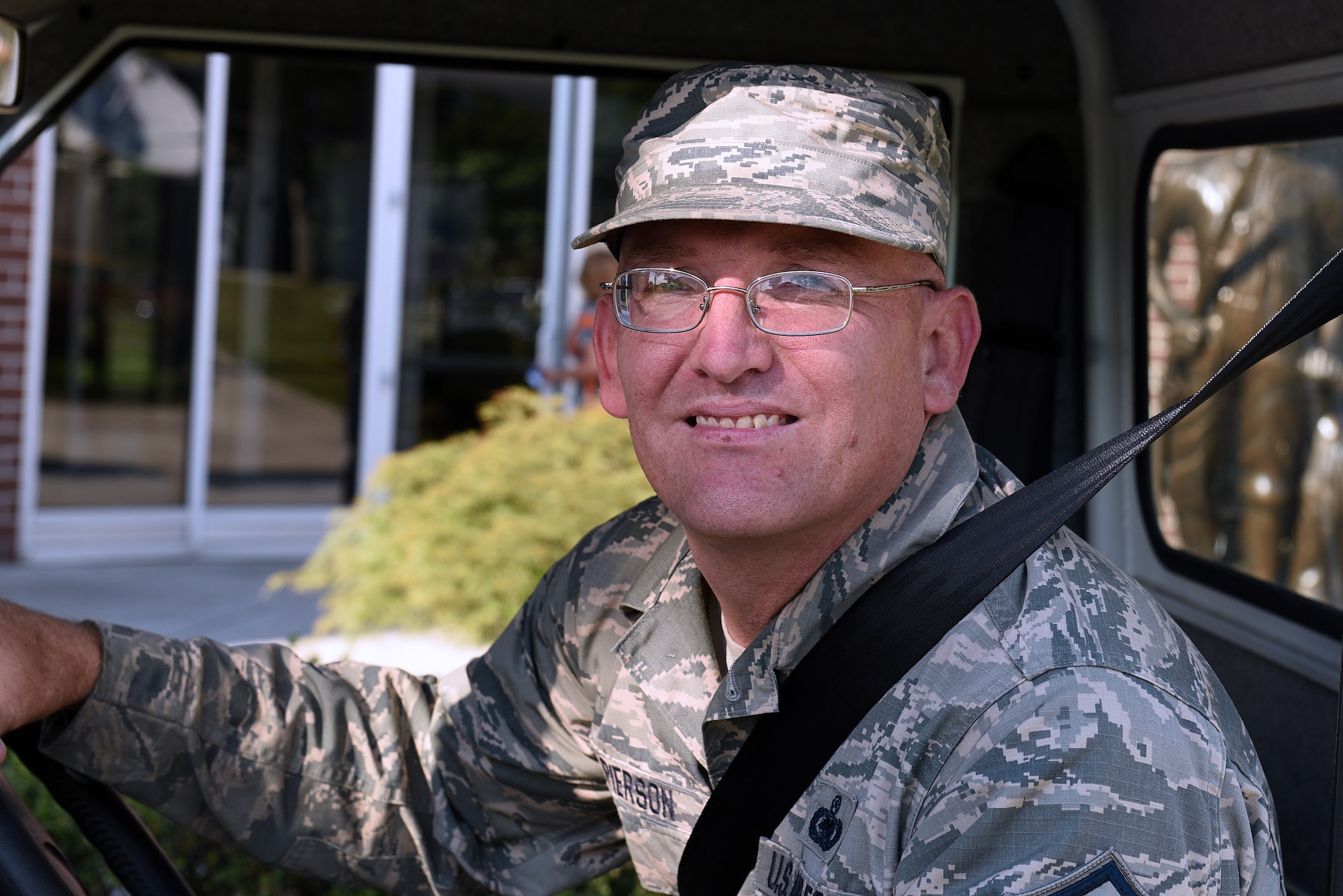 MCGHEE TYSON AIR NATIONAL GUARD BASE, Tenn. - Master Sgt. Don Pierson stops on just outside the Patriot Hall building here May 10, 2016, while managing his morning duties. Pierson is the Logistics manager as well as a former enlisted professional military education instructor for the I.G. Brown Training and Education Center. He is being reassigned to Texas after more than 10 years' service on campus. (U.S. Air National Guard photo by Master Sgt. Mike R. Smith/Released)