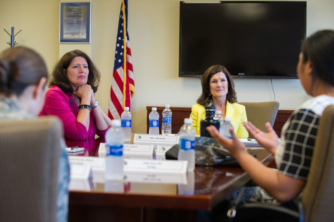 Betty Welsh, wife of Air Force Chief of Staff Gen. Mark A. Welsh III, (second from right), listens to a discussion on the Integrated Prevention Green Dot Program at the 45th Space Wing Headquarters, Patrick Air Force Base, Fla., May 9, 2016. The general and his wife spent a day meeting Airmen and their families and learning about the 45th Space Wing mission and mission partners at Patrick Air Force Base and Cape Canaveral Air Force Station, Fla. (U.S. Air Force photo by Benjamin Thacker/Released)