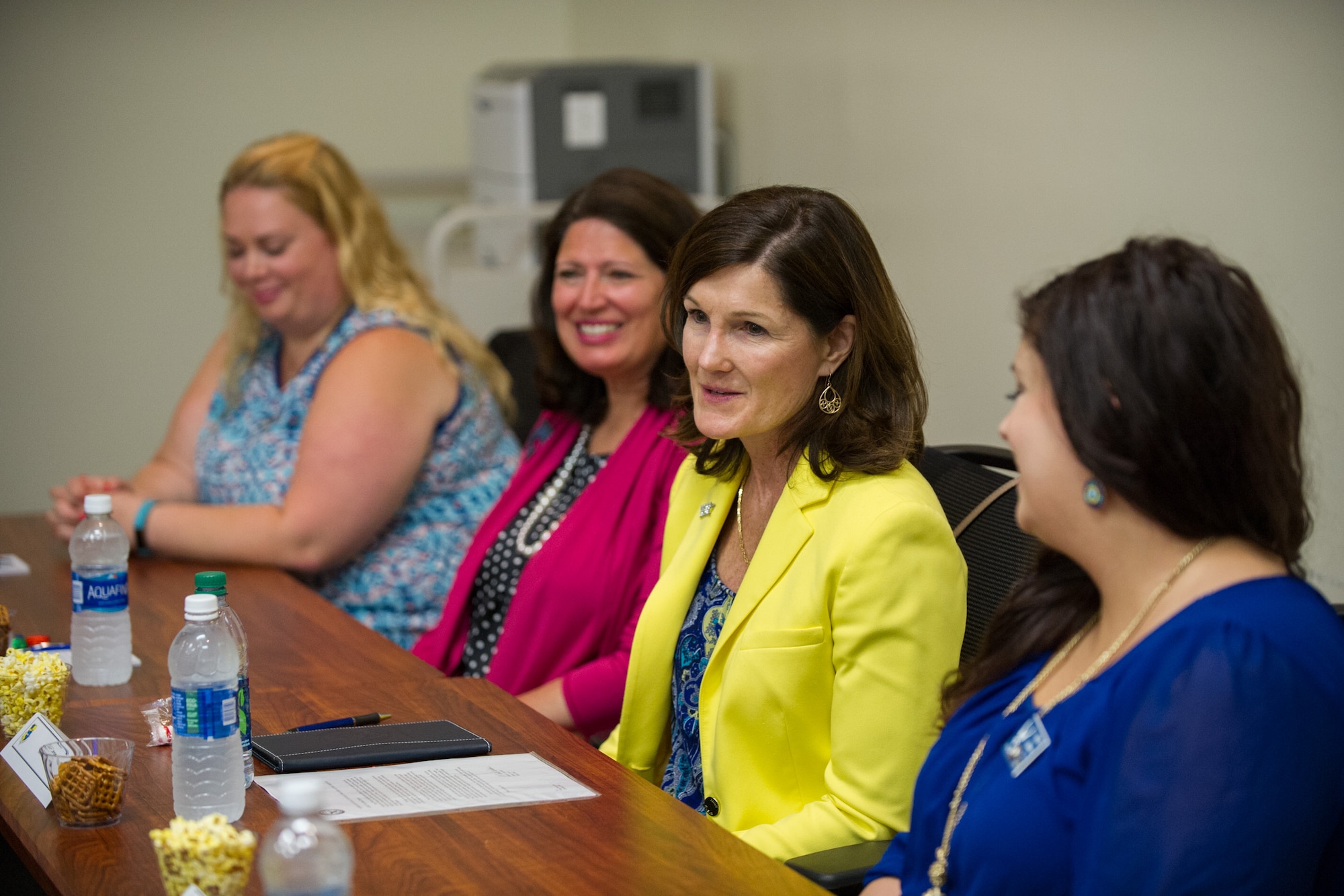 Betty, wife of Air Force Chief of Staff Gen. Mark A. Welsh III, (second from right), addresses Airmen concerns during a roundtable event with CCFs, Key Spouses and Key Spouse Mentors May 9, 2016, at the Airman and Family Readiness Center. The interactive discussion focused on the importance of balancing work and family life considering the unique challenges military couples and families face during their time in service. The general and his wife spent a day meeting Airmen and their families and learning about the 45th Space Wing mission and mission partners at Patrick Air Force Base and Cape Canaveral Air Force Station, Fla. (U.S. Air Force photo by Benjamin Thacker/Released)