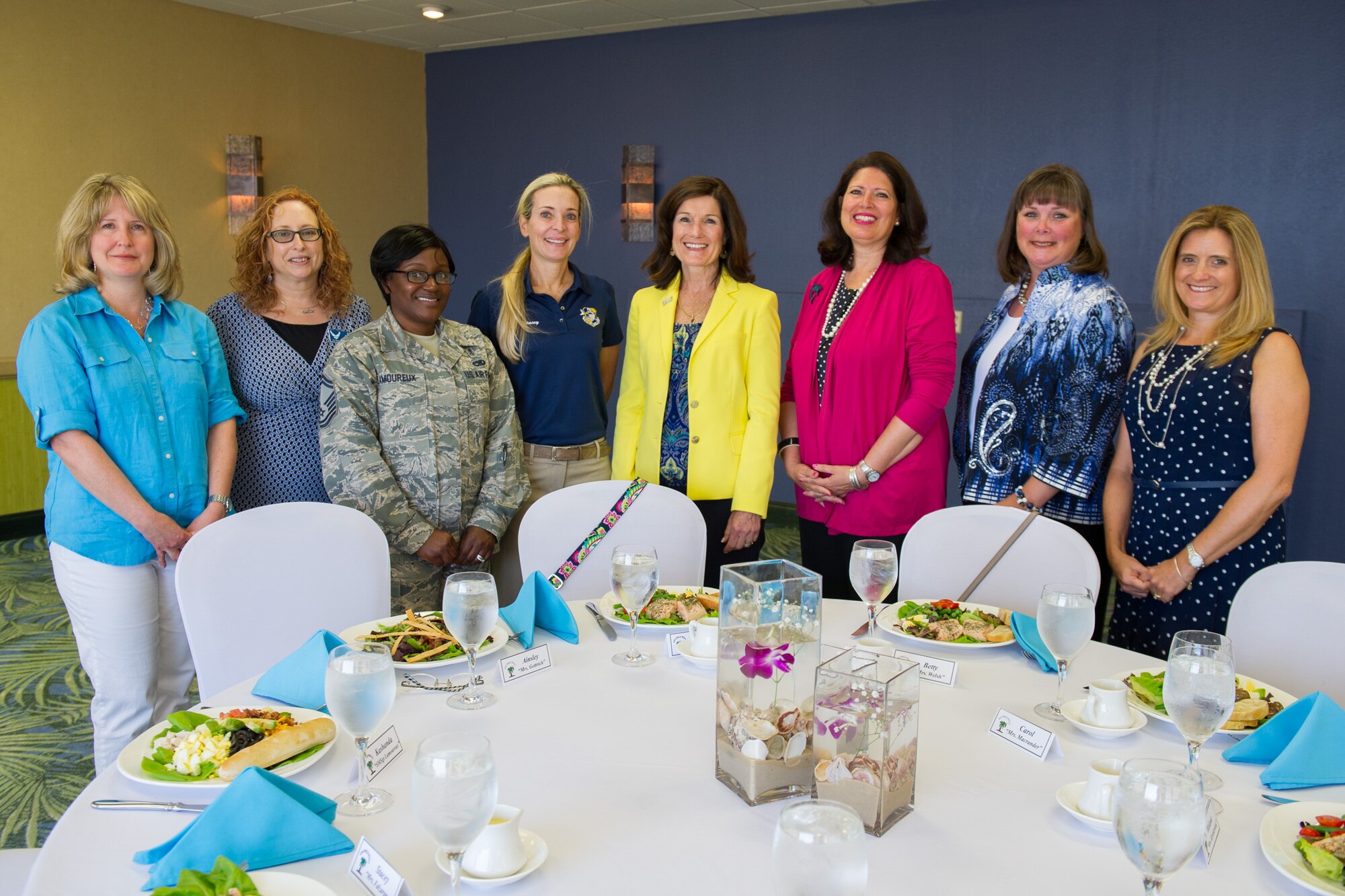 Betty, wife of Air Force Chief of Staff Gen. Mark A. Welsh III, (fourth from right), shares conversation with spouses of senior leaders during lunch at the Tides Club, Patrick Air Force Base, Fla., May 9, 2016. The spouses discussed their role in today's Air Force, serving alongside the commanders they are married to. The general and his wife spent a day meeting Airmen and their families and learning about the 45th Space Wing mission and mission partners at Patrick Air Force Base and Cape Canaveral Air Force Station, Fla. (U.S. Air Force photo by Benjamin Thacker/Released)