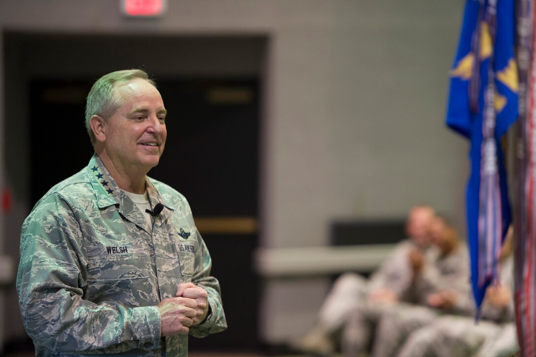 Air Force Chief of Staff Gen. Mark A. Welsh III speaks during an All Call held at the base theater with 45th Space Wing members and mission partners May 9, 2016, at Patrick Air Force Base, Fla. Following the All Call, the general and his wife, Betty, spent the day meeting with 45th Space Wing personnel, mission partners and their families, addressed their concerns and provided them with an Air Force-level perspective. (U.S. Air Force photo by Matthew Jurgens/Released)