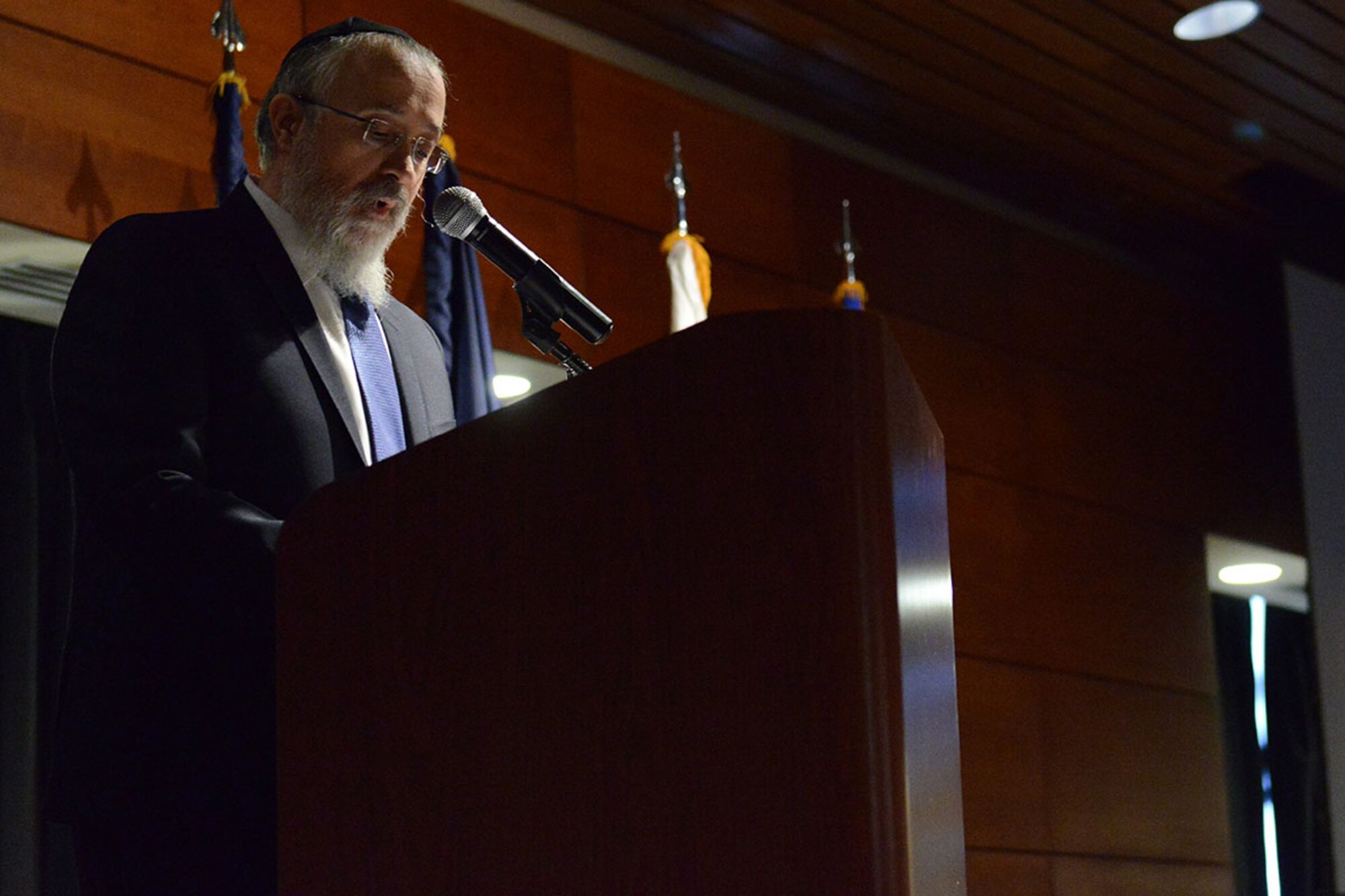 Rabbi Yosef Greenberg speaks at the Holocaust Remembrance Day event at the Arctic Warrior Event Center on Joint Base Elmendorf-Richardson, Alaska, May 6, 2016. The focus of Greenberg’s speech was Chiune Sugihara, a Japanese diplomat who risked his life and career saving thousands of Jews from persecution. (U.S. Air Force photo by Airman 1st Class Jared Bunn)