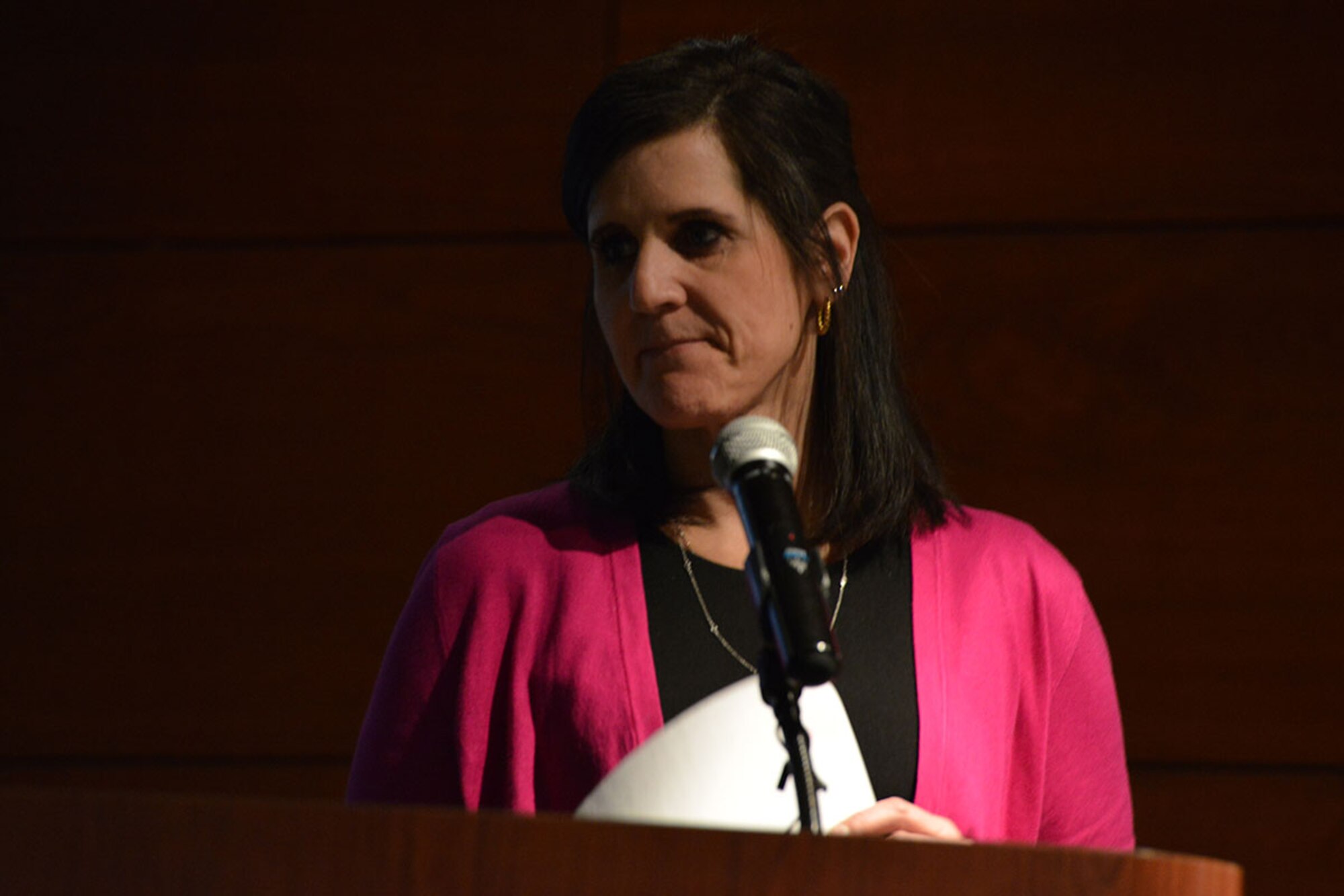 Michelle Keller, granddaughter of a Holocaust survivor, tells the story of her grandmother Frania (Frances) at the Holocaust Remembrance day ceremony at the Arctic Warrior Event Center on Joint Base Elmendorf-Richardson, Alaska, May 6, 2016. The day of remembrance is the 27th day of Nisan on the Hebrew calendar, and marks the anniversary of the Warsaw Ghetto Uprising and the liberation of the concentration camps in western Europe. (U.S. Air Force photo by Airman 1st Class Jared Bunn)