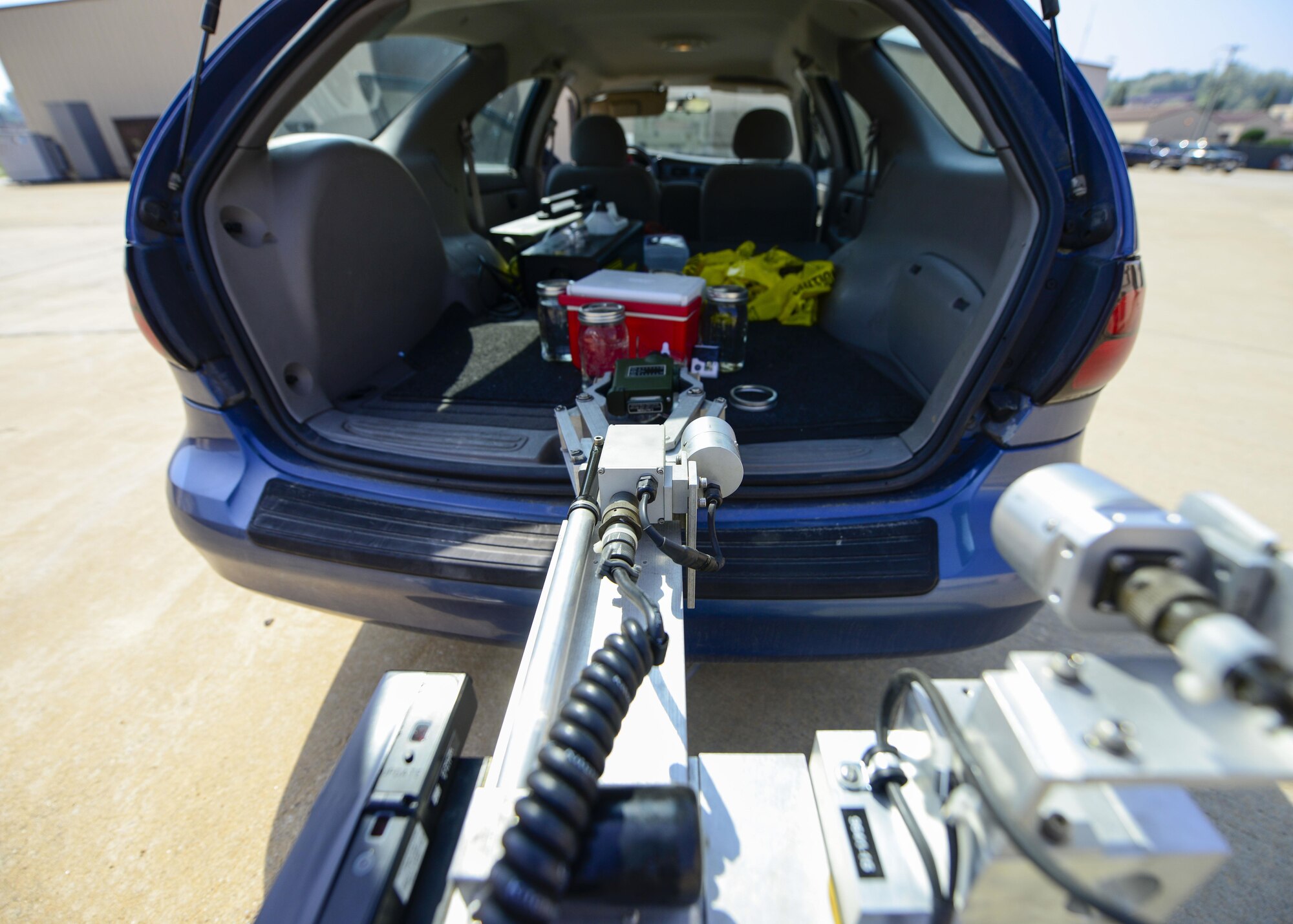 An F6A explosive ordnance disposal robot, operated by Airmen from the 51st Civil Engineer Squadron EOD flight, uses a Joint Chemical Agent Detector to scan a mock chemical improvised explosive device for biohazard agents during Exercise Beverly Herd 16-01 at Osan Air Base, Republic of Korea, May 12, 2016. The JCAD is used to detect and identify chemical warfare agents and toxic industrial chemical vapors, and can be used on mobile platforms like the F6A EOD robot. (U.S. Air Force photo by Senior Airman Victor J. Caputo/Released)
