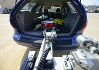 An F6A explosive ordnance disposal robot, operated by Airmen from the 51st Civil Engineer Squadron EOD flight, uses a Joint Chemical Agent Detector to scan a mock chemical improvised explosive device for biohazard agents during Exercise Beverly Herd 16-01 at Osan Air Base, Republic of Korea, May 12, 2016. The JCAD is used to detect and identify chemical warfare agents and toxic industrial chemical vapors, and can be used on mobile platforms like the F6A EOD robot. (U.S. Air Force photo by Senior Airman Victor J. Caputo/Released)