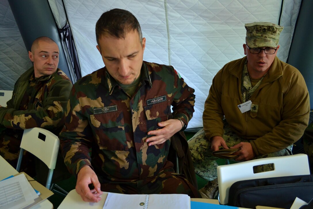 Hungarian Soldiers work with a U.S. Navy Sailor during Exercise Anakonda Response 2016, Sunday, May 1, 2016 at Papa Air Base in Hungary. For the roughly two-week long event, the U.S. organized a full assembly of military representation: Army, Navy, Marine Corps, Army Reserve, Army National Guard and Air National Guard. Also, the Hungarian military hosted the United Kingdom’s Royal Army and Corps of Royal Marines.