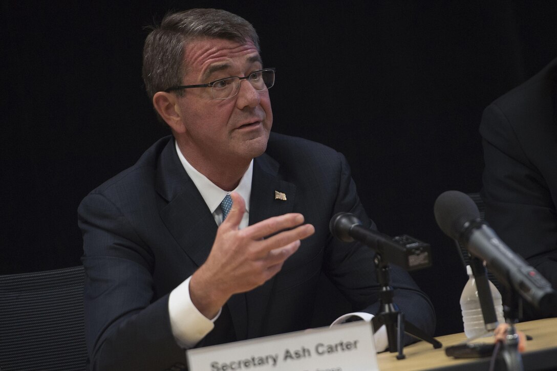 Defense Secretary Ash Carter speaks with reporters during the National Security Telecommunications Advisory Committee meeting at Intel Corporation in Santa Clara, Calif., May 11, 2016. DoD photo by Air Force Senior Master Sgt. Adrian Cadiz