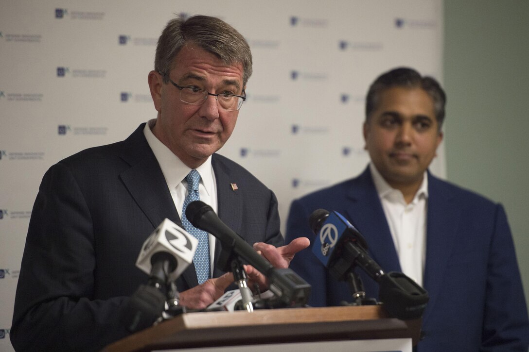 Defense Secretary Ash Carter speaks with reporters after delivering remarks at Defense Innovation Unit Experimental in Mountain View, Calif., May 11, 2016. DoD photo by Air Force Senior Master Sgt. Adrian Cadiz 